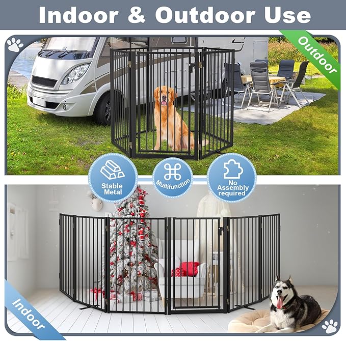 Metal Freestanding Dog Gates with Door for Outdoor Indoor,120'' Extra Wide 32'' Tall Free Standing Dog Gate for Doorways,Large Openings,Deck,Yard,Porch,Foldable Pet Fence(Black,6 Panels)