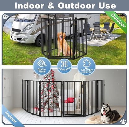 Metal Freestanding Dog Gates with Door for Outdoor Indoor,120'' Extra Wide 24'' Tall Free Standing Dog Gate for Doorways,Large Openings,Deck,Yard,Porch,Foldable Safety Pet Fence(Black,6 Panels)