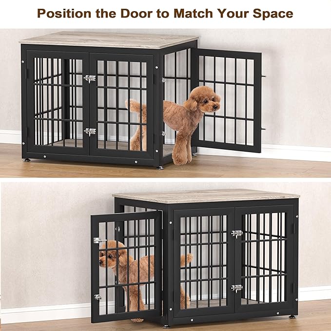 rehomerance 32 Inch Heavy Duty Dog Crate Furniture for Medium and Small Dogs, Decorative Pet House End Table, Wooden Cage Kennel Furniture Indoor, Grey