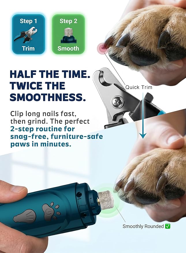 YABIFE Super Quiet Dog Nail Grinder & Clippers Kit with 2 LED Lights, 3 Speeds Up to 12,000 RPM, Lower Than 30dB Electric Pet Nail Trimmer for Small Medium Large Dogs and Cats