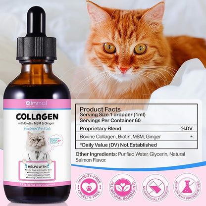 Collagen for Cats, Cat Collagen Liquid Drops for Cats with Biotin, MSM & Ginger Digestive & Immunity Support, Itch Relief, Skin & Coat and Joint Health, Cat Supplement 60ml ﻿