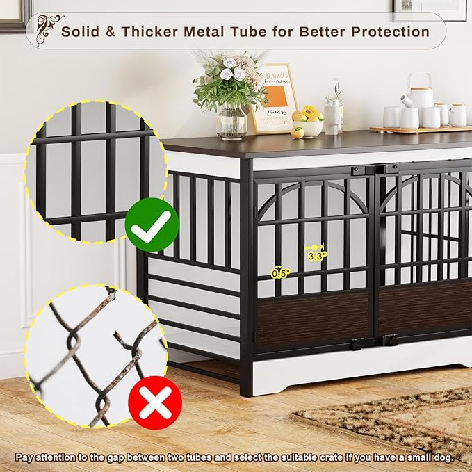 COZPAW 86 Inch Double Dog Crate Furniture, Extra Large Dog Kennel Indoor for 2 Dogs, Heavy Duty Dog Cage with Divider, Wooden Dog House Decorative Table TV Stand for XLarge Dogs (White&Brown)