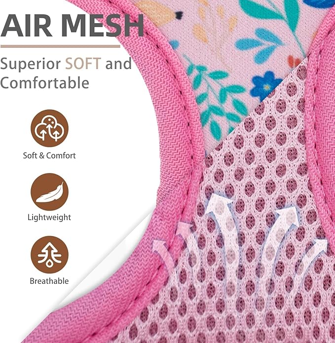 PUPTECK Soft Mesh Dog Harness and Leash Set Pet Puppy Cat Comfort Padded Vest No Pull Harnesses, Pink Floral, XS