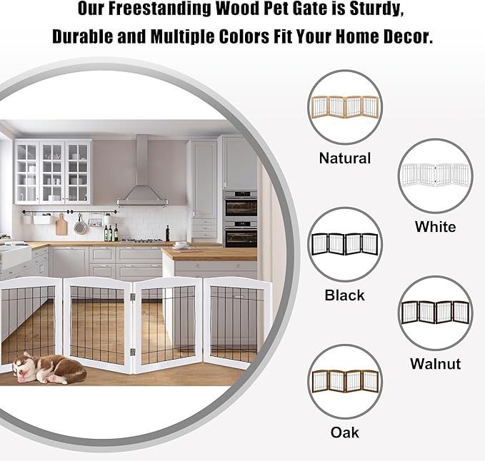 LZRS 4-Panel Extra-Wide Wooden Freestanding Dog Gate: Foldable Solid Wood and Steel Wire Chew Resistant Safety Barrier for Doorways, Stairs, and Large Open Spaces Indoor Use, White