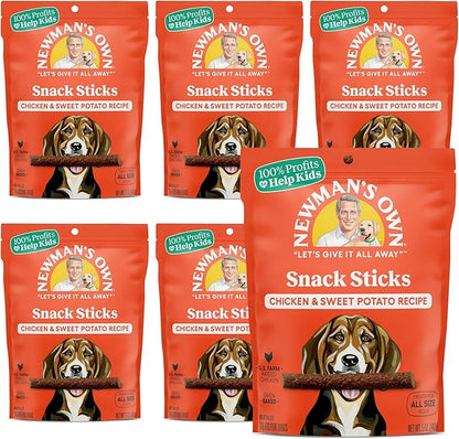 Newman's Own Chicken & Sweet Potato Dog Snack Sticks, 5 oz Bag (Pack of 8) — Soft Chewy Meat Sticks, US Farm-Raised Chicken, No Corn Wheat or Soy, Wholesome Training Rewards, Made in USA