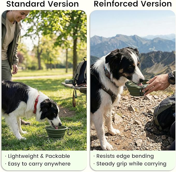 OHMO Collapsible Dog Water Bowls w/Built-in Stainless Steel Ring – 2pcs Large 27oz/800ml Portable Silicone Pet Feeding Bowl for Hiking, Camping, Travel