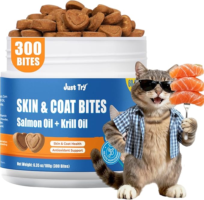 Just Try 300 Bites Skin and Coat Healthy Cat Vitamins for Indoor Cats Omega 3 for Cats Salmon Oil Supplements- Cat Itchy Skin Relief