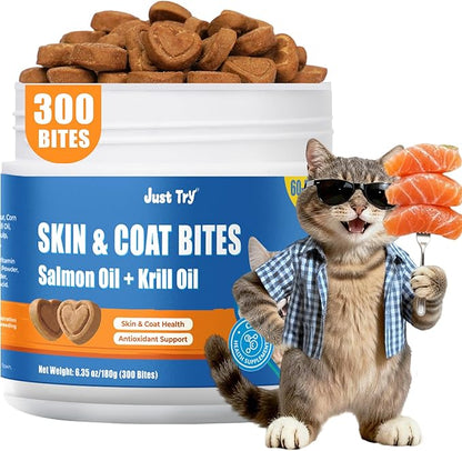 Just Try 300 Bites Skin and Coat Healthy Cat Vitamins for Indoor Cats Omega 3 for Cats Salmon Oil Supplements- Cat Itchy Skin Relief