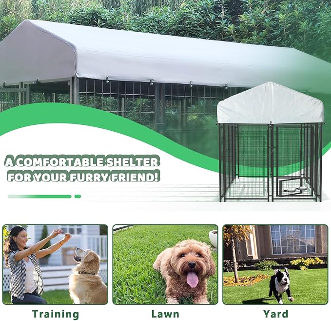LEMBERI 8x4x4 Outside Dog Kennel with Roof for Large Dogs,Heavy Duty Welded Wire Steel Dog Playpen Fence with Secure Lock, Pet Pen with UV-Resistant Waterproof Cover (93.1''L x 50.4''W x 56.6''H)