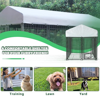 LEMBERI 8x4x4 Outside Dog Kennel with Roof for Large Dogs,Heavy Duty Welded Wire Steel Dog Playpen Fence with Secure Lock, Pet Pen with UV-Resistant Waterproof Cover (93.1''L x 50.4''W x 56.6''H)