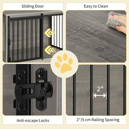 Hzuaneri 39.4" Heavy Duty Dog Crate Furniture with Barn Door, Wood Indoor Dog Crate Kennel for Small/Medium/Large Dogs, End Side Table, TV Stand, Greige Black DFC02305B