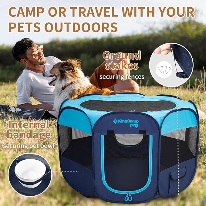 KingCamp Dog Playpen, Portable Foldable Cat Kitten Puppy Tent Crates 29"/36"/50" Pop Up Pet Playpen with Zippered Bottom & Cover for Indoor Outdoor Use (X-Large, Blue)
