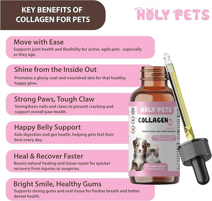 Grass-Fed Liquid Collagen for Dogs & Cats – 5 Types I, II, III, V, X – Joint, Skin & Coat Support – Hyaluronic Acid – Hydrolyzed Bovine, Fish & Chicken Collagen – 2oz, 30 Servings