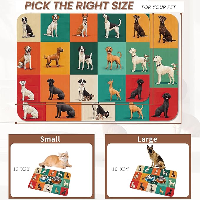 Cute Dog Cat Food Mat,Absorbent Pet Feeding Mat for Food and Water,Non-Slip Dog Bowl Mats Floor Protector 16"x24"