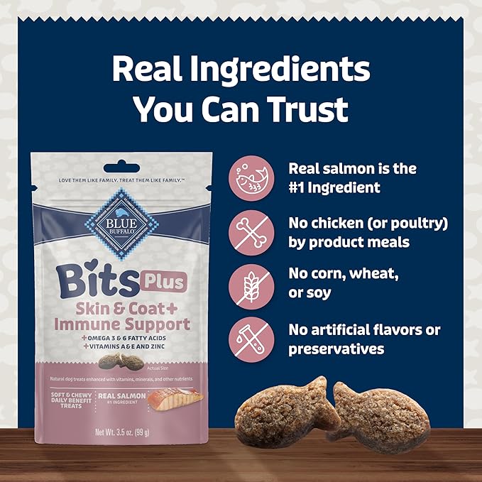 Blue Buffalo Blue Bits Plus Skin & Coat and Immune Support Daily Benefit Dog Treats, Soft & Chewy Salmon Morsels, 3.5-oz. Bag (Pack of 2)