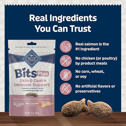 Blue Buffalo Blue Bits Plus Skin & Coat and Immune Support Daily Benefit Dog Treats, Soft & Chewy Salmon Morsels, 3.5-oz. Bag (Pack of 2)