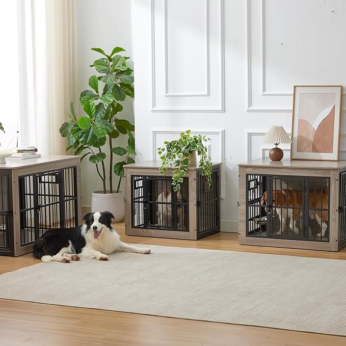 27 Inch Heavy Duty Dog Crate Furniture for Puppy/Small Dogs, Decorative Pet House End Table with 3 Doors, Wooden Cage Kennel Furniture Indoor, Rustic Grey - Without Bowls
