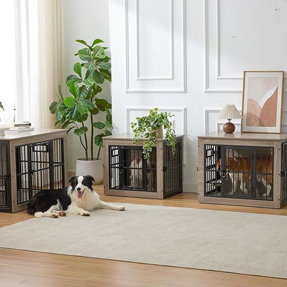 32 Inch Heavy Duty Dog Crate Furniture for Medium/Small Dogs, Decorative Pet House End Table with 3 Doors & Adjustable Bowls, Wooden Cage Kennel Furniture Indoor, Rustic Grey