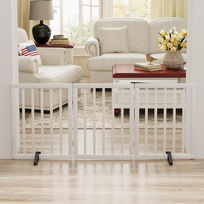 White 18-55" Wide Pet Gate, Bamboo Dog Gate for Stair, Foldable Dog Gates for Doorways House, Freestanding Pet Gates 24inches Tall, Doogie Puppy Gate Fences Indoor