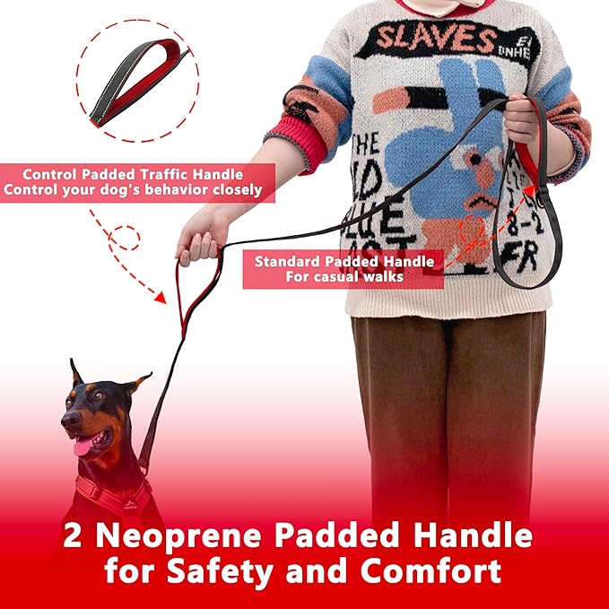Dog Leash 6ft Long, Double Handle Dog Leash for Safety Control Training, Heavy Duty Dog Leads with Traffic Padded Handles, Reflective Leashes for Small Medium Large Dogs(6ft, Black Red)