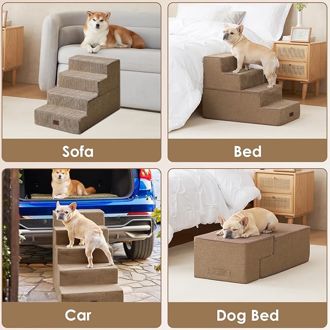 EHEYCIGA Dog Stairs for Bed 20" H, 4-Step Extra Wide Dog Steps for High Bed, Pet Steps for Small Dogs and Cats, Non-Slip Balanced Pet Ramp Indoor, Camel