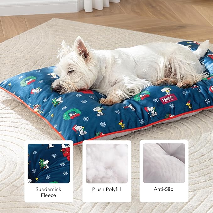 Berkshire Peanuts® Square Dog Bed, Suedemink Fleece Pet Mat with Waterproof & Non-Slip Bottom, Soft Plush Dog Mat for Crate, Couch, or Floor, Machine Washable(Snoopy Best Christmas Icons, Large)
