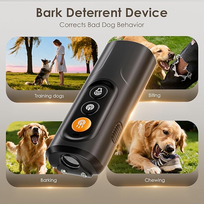 Dog Bark Deterrent Device & Anti Barking Device for Dogs, 50FT Ultrasonic Dog Trainer - Silent to Humans, Safe, Humane, Long-Lasting Rechargeable Black Handheld with LED, Indoor/Outdoor