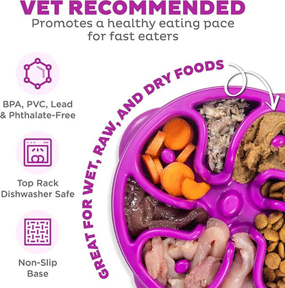 Outward Hound Fun Feeder Slo Bowl – Medium 2‑Cup Capacity, Slow Feeding, Small to Medium Dogs & Cats, Non-Slip, Purple, Flower Pattern