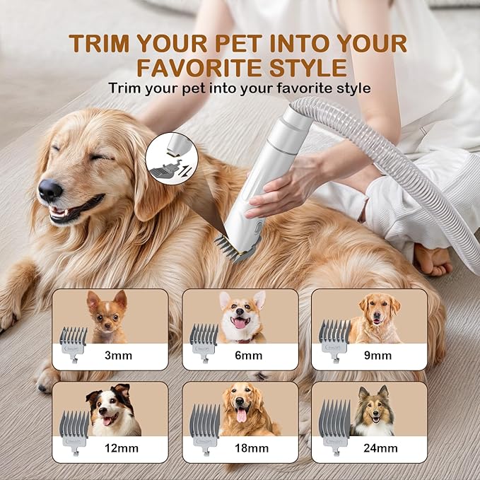 Dog Grooming Vacuum, Dog Grooming Kit with Pet Clipper Nail Grinder, 3 Suction Modes Dog Brush Vacuum with 6 Pet Grooming Tools (White)