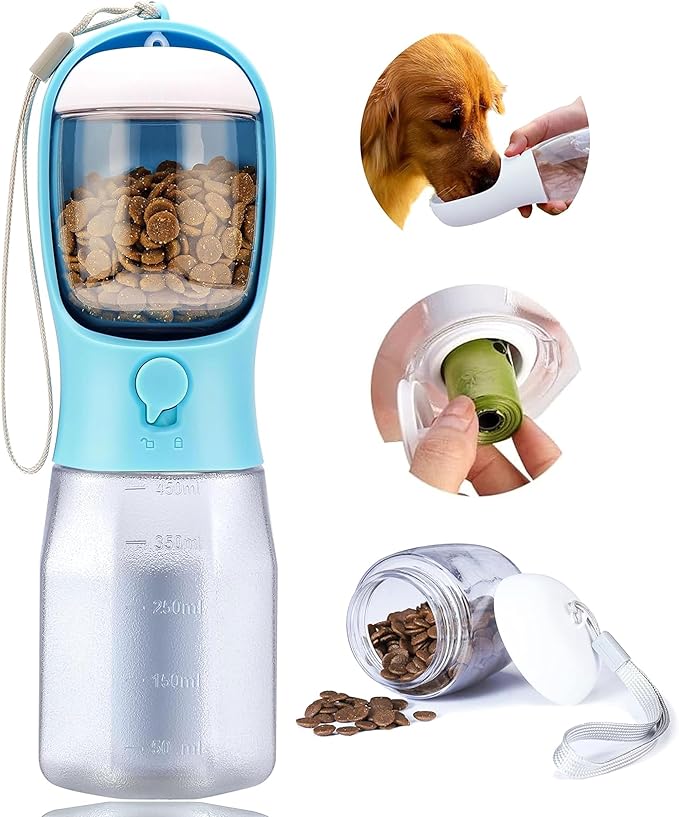 Dog Water Bottle with Food Container, Portable Pet Dog Water Dispenser for Outdoor Walking,Hiking,Travel,Puppy Essentials,Puppy Supplies,Replaceable Waste Bags