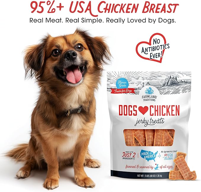 Farmland Traditions Dogs Love Chicken Jerky Dog Treats, Premium Two-Ingredient Dog Jerky with USA-Raised, Human-Grade Chicken & No Antibiotics Ever, 3 Pound (Pack of 1) Bag.
