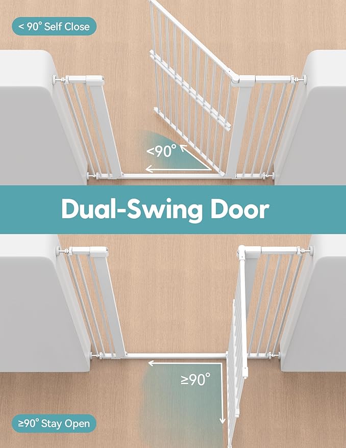 No Pawblems 55" Extra Tall Pet Gate for Cat/Dog, 31.5-48" Wide Auto Close Tall Cat Gate with 25.6" Wide Walk-Thru Door Opening, 1.37" Ultra Narrow Spacing, NO Drilling Pressure Mounted, White