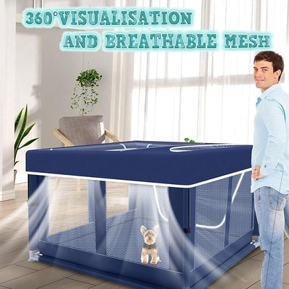 XVISHX 42x42 Inch Puppy Playpen with Cover, Dog Playpen for Puppies or Small Dogs, Pet Fence for Indoor & Outdoor, Sturdy Safety DogPen with Thickened Fabric, High-Strength Nylon Wire Mesh, Blue