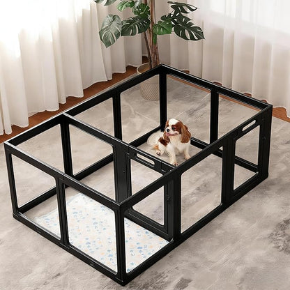 Clear Acrylic Dog Playpen Indoor, Puppy Cat Small Pet 2 Room Play Pen, Pet Cat Playpen for Rabbits, Dog Fence Crate Kennel Whelping Cage (24", Black, 12 Panel)