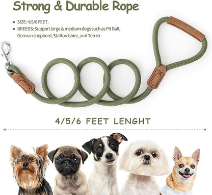 Mile High Life Leather Dog Leash, Heavy Duty Strong Genuine Leather Handle Rope Leash Soft and Comfortable for Small Medium Large Dogs (Olive Green, 48 Inch)