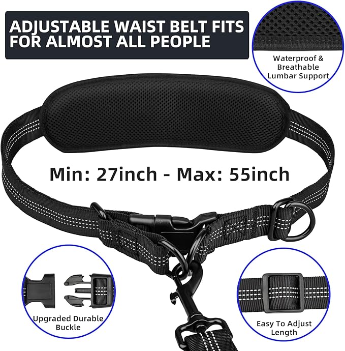 Uppetly Hands Free 2 Dog Running Leash with Waist Belt, Dual Handle Elastic Bungees Retractable Rope for Small and Medium Dogs, Reflective Stitches for Walking Hiking Biking (Small Blue, 8-25lb)