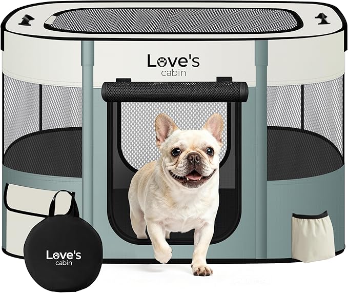 Love's cabin Pet Puppy Dog Playpen, Medium Dog Tent Crates Cage Indoor/Outdoor, Portable Exercise Playpen for Cat, Foldable Pop Up Dog Kennel Playpen with Carring Case (M, Gray Green)