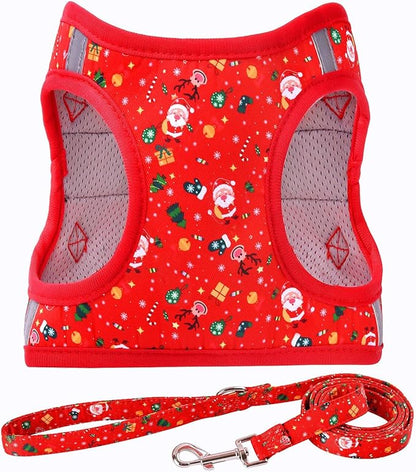 Moonpet Step in Christmas Xmas Day Dog Harness Leash Set- All Weather Reflective No-Pull Floral Pattern Padded Mesh Vest Harness for Cats Puppy Extra-Small Small Medium Large Dogs - S