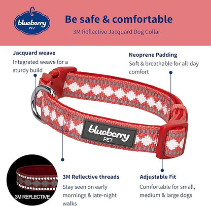 Blueberry Pet 3 Colors 3M Reflective Jacquard Neoprene Padded Adjustable Dog Collar, Coral, Small, Neck 12"-16"
