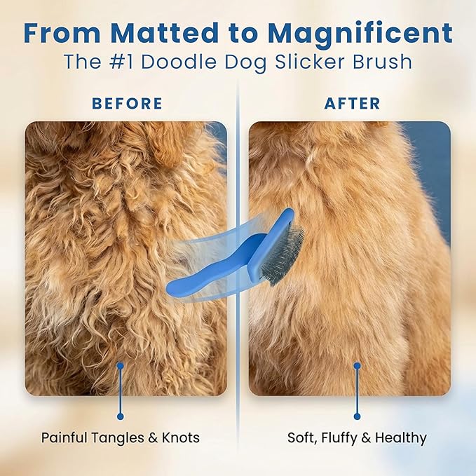 Slicker Brush for Dogs, Dog Grooming Supplies - Best Doodle & Poodle Brush for Haired Dogs - Goldendoodle Pin Detangler for Dematting (Large Curved)