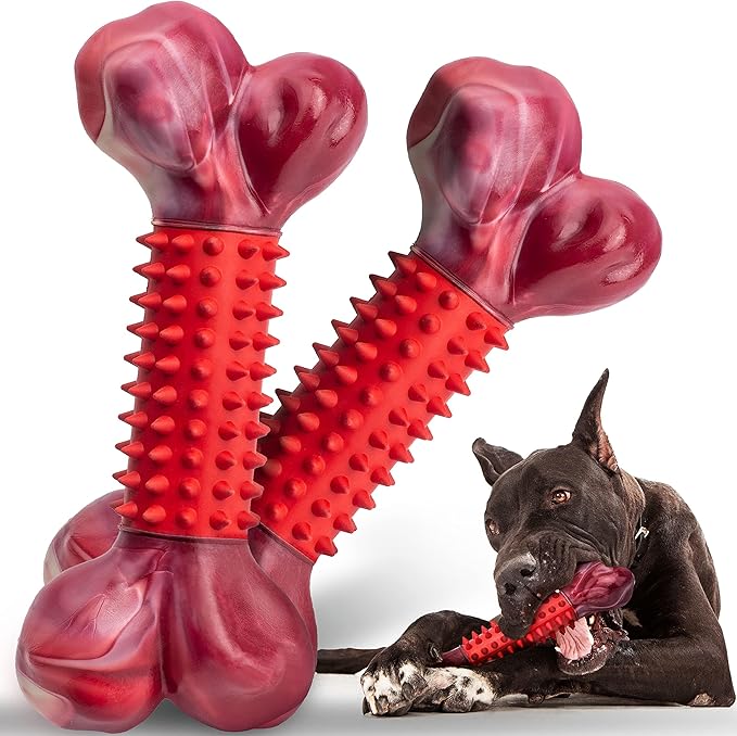 Apasiri 2-Pack Tough Dog Toys for Aggressive Chewers: Beef Flavored Long Lasting Dog Bones for Large Dogs, Heavy Duty Nylon & Rubber Dog Chew Toys to Keep Them Busy, Medium & Large Breed, Red