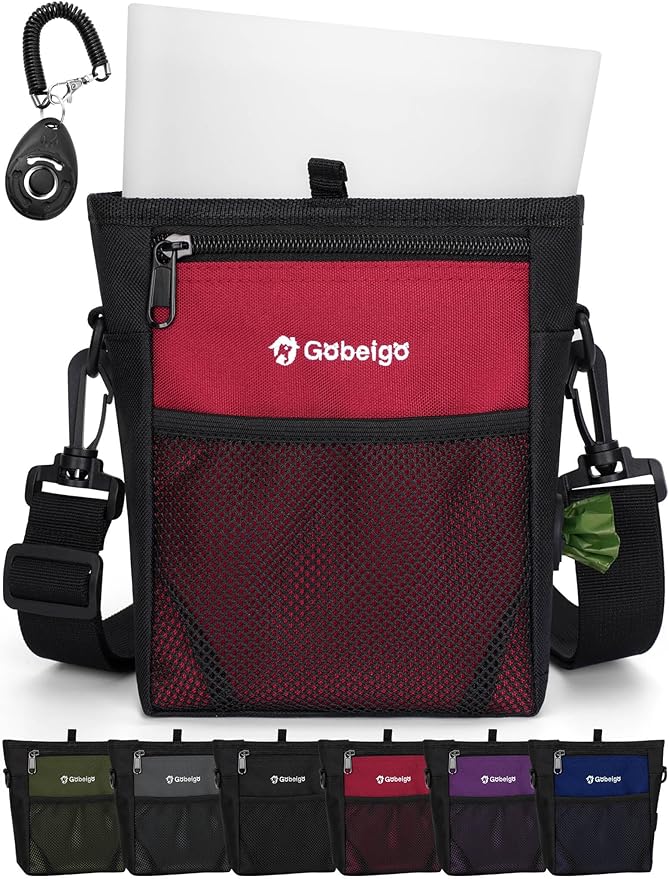 Gobeigo Dog Treat Pouch, Magnetic Closure & Sealable Silicone Bag Insert, 4-Cup Capacity – Belt Clip/Waist Belt/Crossbody Wear, Clicker Included – Great for Pet Training & Walking (Red)