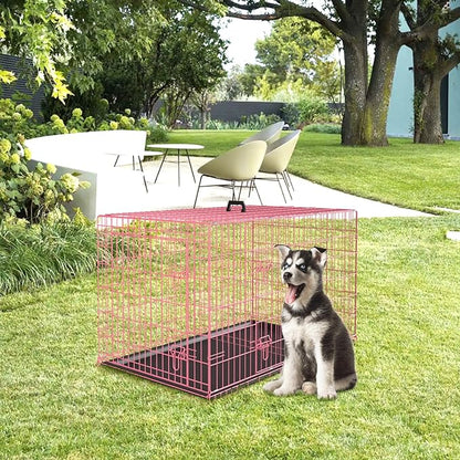PayLessHere Large Dog Crate Kennel for Medium Large Dogs 30 inches Metal Dog Cage Double-Door Folding Travel Indoor Outdoor Puppy Playpen with Divider and Handle Plastic Tray,Pink