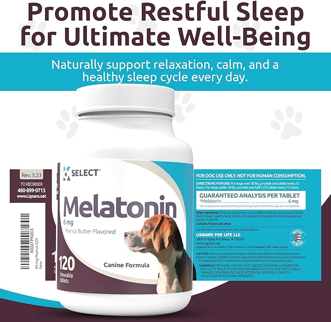 K9 Select Melatonin for Large Dogs - Anxiety Relief Treats for Sleep, Stress, Thunderstorms & Fireworks - Calming Chews for Dogs Anxiety Small & Large Breed, 6 mg, 120 Peanut Butter Tablets