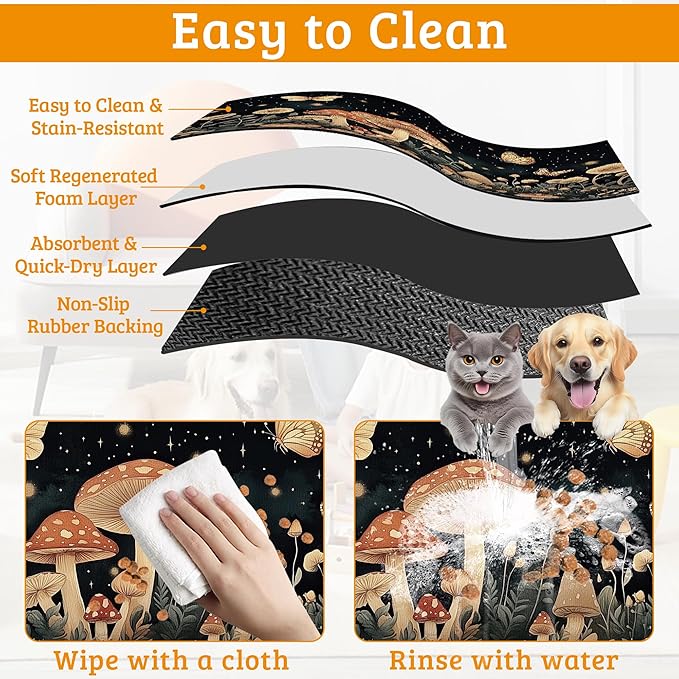 Fantasy Mushroom Dog Cat Food Mat,Butterfly Stars Absorbent Waterproof Placemat for Food and Water Non Slip Rubber Backing Durable Feeding Pad for Clean Floors 16" x 24"