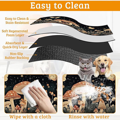 Fantasy Mushroom Dog Cat Food Mat,Butterfly Stars Absorbent Waterproof Placemat for Food and Water Non Slip Rubber Backing Durable Feeding Pad for Clean Floors 16" x 24"