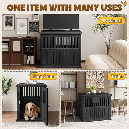 Bifanuo 40-Inch Dog Crate Furniture, Heavy Duty Dog Crate for Large and Medium Dog, Lockable Indoor Outdoor Dog Kennel & End Table, Decorative Plastic Pet Cage (Black)