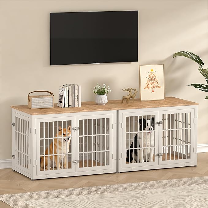 rehomerance 38 Inch Heavy Duty Dog Crate Furniture for Large and Medium Dogs, Decorative Pet House End Table, Wooden Cage Kennel Furniture Indoor, Natural and White