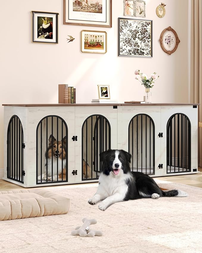 Hzuaneri 88.4" Dog Crate Furniture for 2 Dogs, Heavy Duty Indoor Dog Kennel TV Stand, XXL Wooden Dog Cage with Divider for Medium Large Dogs, End Table Dog Crate with Cushion, White Brown DFC84014BV1