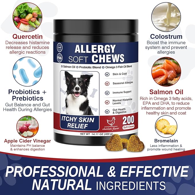 Allergy Relief Chews for Dogs 200 Treats Dog Seasonal Allergy and Immune Bites Dog Itching Skin Anti Itch Licking Paws Treatment Itchy Skin Relief Allergies Support Probiotic Chew Supplement for Dogs